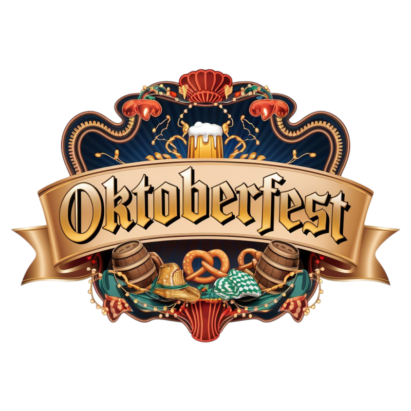 Decorative Oktoberfest banner featuring beer, pretzels and Bavarian-themed artwork